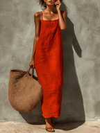 Red Cotton Spaghetti Strap Dress with Square Neck - Boho Resort Style for Women