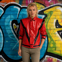 Person wearing a red leather jacket with black accents against a colorful graffiti wall.