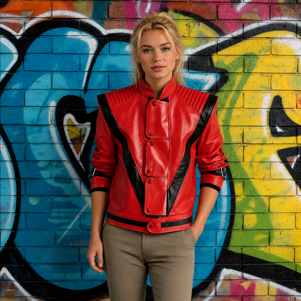 Person wearing a red leather jacket with black accents against a colorful graffiti wall.