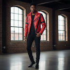 Man wearing a red leather jacket in a brick-walled room with large windows.