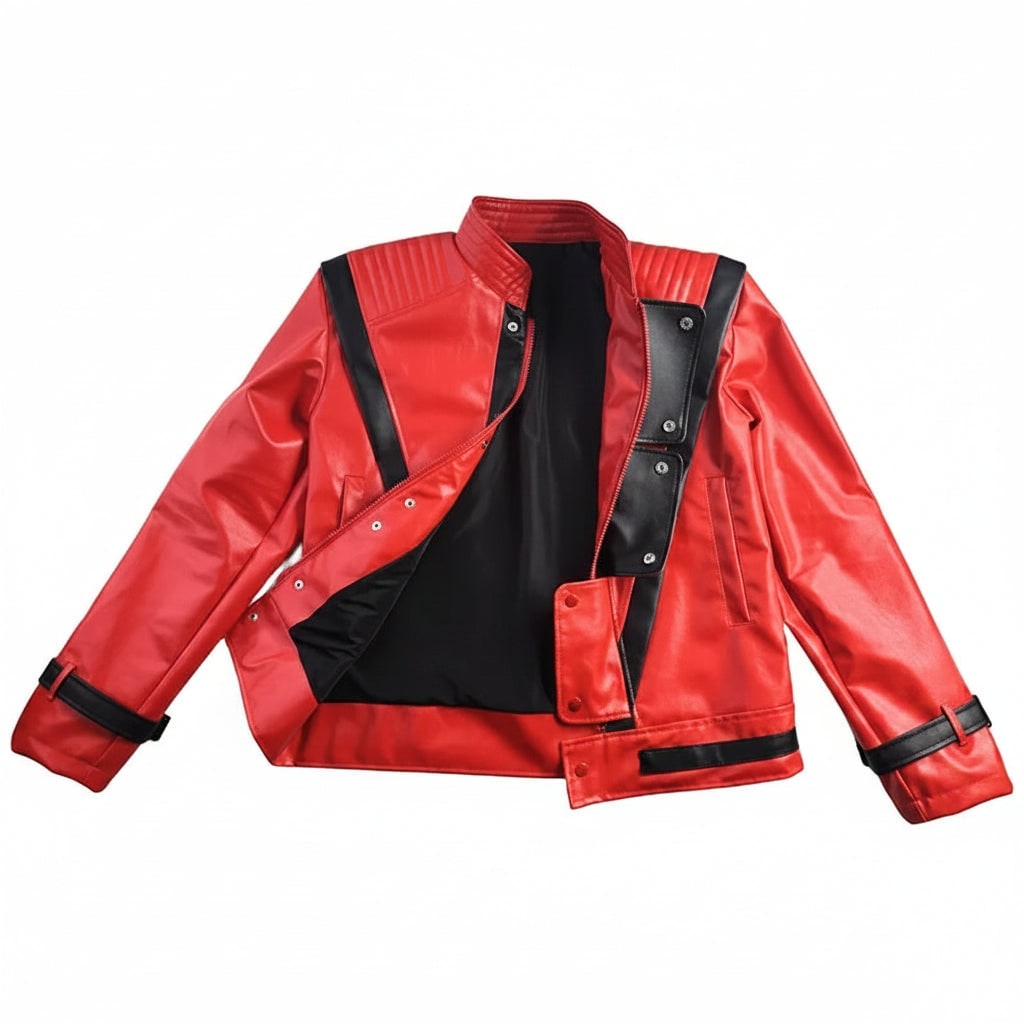 Red leather jacket with black accents on a white background