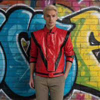 Person wearing a red leather jacket with black accents against a colorful graffiti wall.