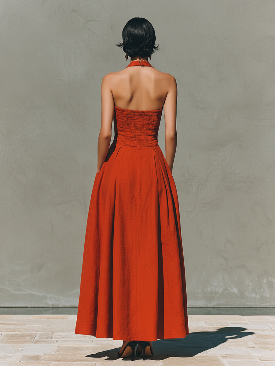 Red Linen Halter Neck Maxi Dress - Pleated Resort Wear for Women
