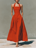Red Linen Halter Neck Maxi Dress - Pleated Resort Wear for Women