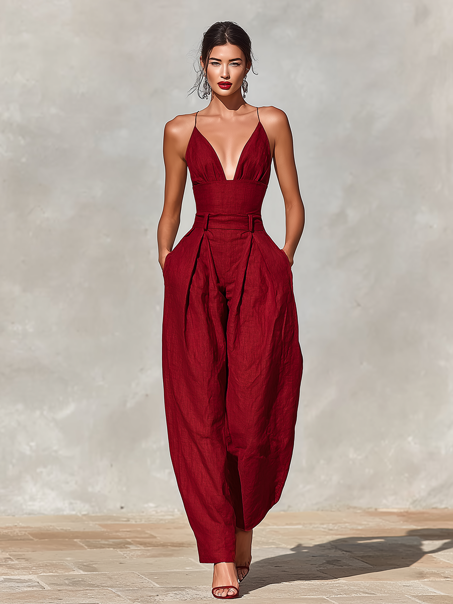 Red Linen Jumpsuit Women UK – Spaghetti Straps High-Waisted Pleated Jumpsuit, Smart Casual Holiday Wear