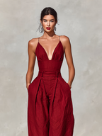 Red Linen Jumpsuit Women UK – Spaghetti Straps High-Waisted Pleated Jumpsuit, Smart Casual Holiday Wear
