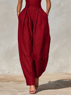Red Linen Jumpsuit Women UK – Spaghetti Straps High-Waisted Pleated Jumpsuit, Smart Casual Holiday Wear