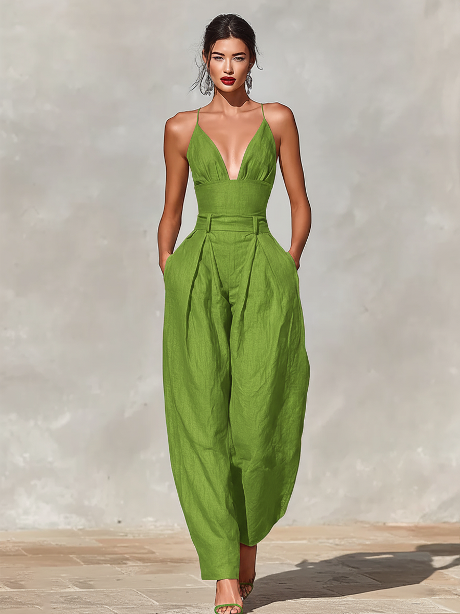 Red Linen Jumpsuit Women UK – Spaghetti Straps High-Waisted Pleated Jumpsuit, Smart Casual Holiday Wear