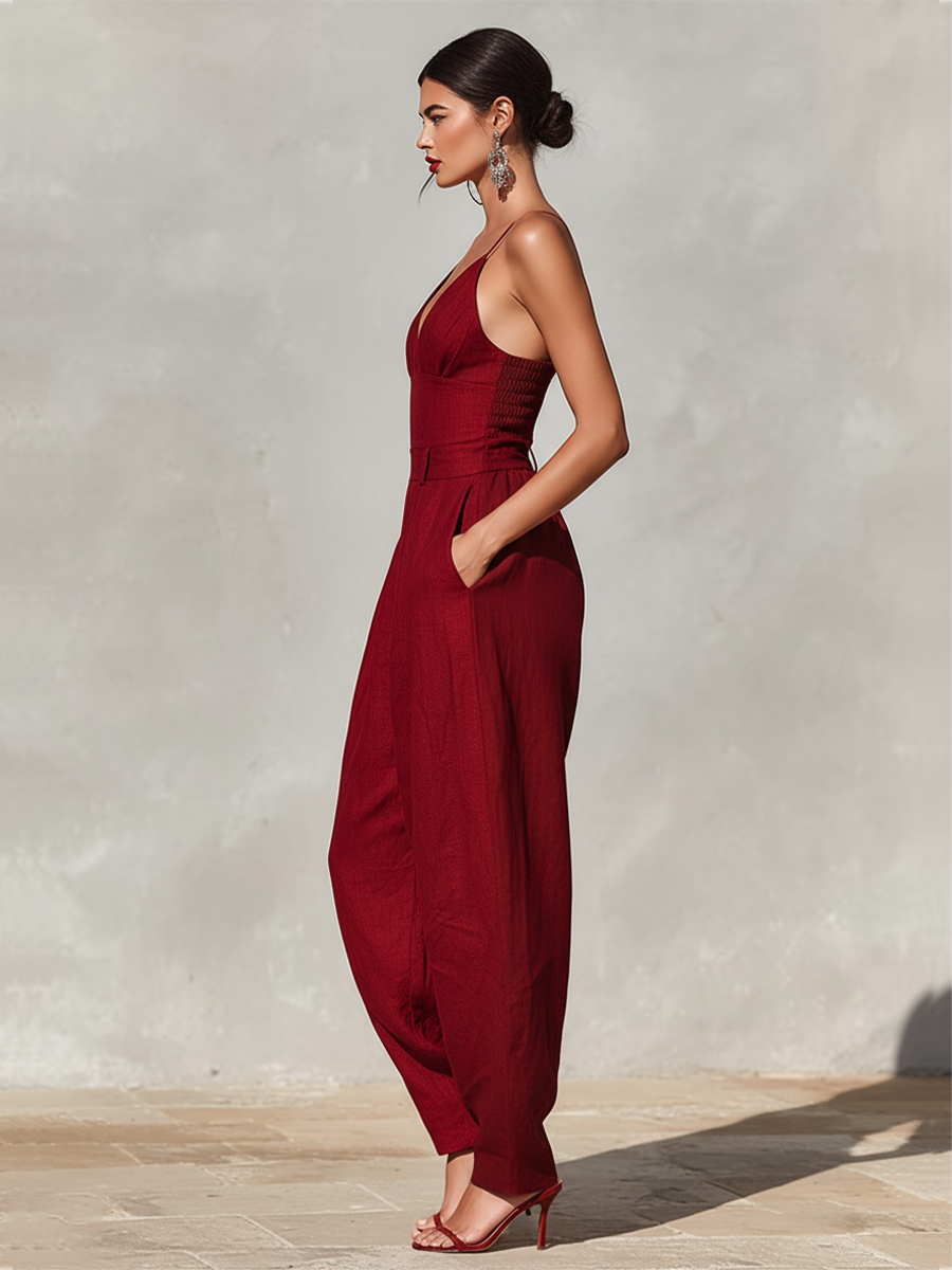 Red Linen Jumpsuit Women UK – Spaghetti Straps High-Waisted Pleated Jumpsuit, Smart Casual Holiday Wear