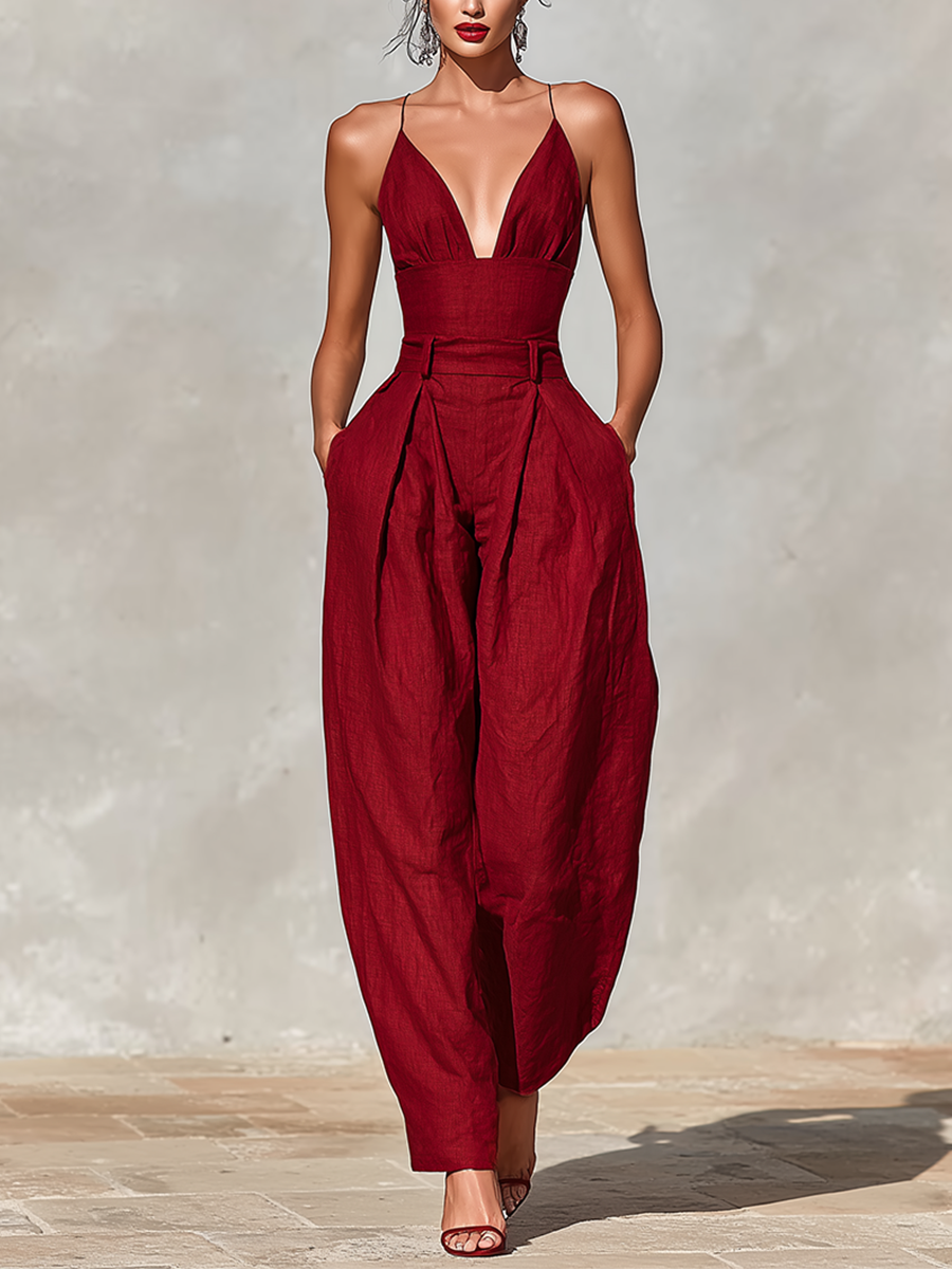 Red Linen Jumpsuit Women UK – Spaghetti Straps High-Waisted Pleated Jumpsuit, Smart Casual Holiday Wear