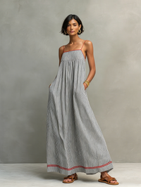 Red Minimalist Striped Maxi Dress Women UK – Wedding Guest Garden Party Evening Gown, Cocktail