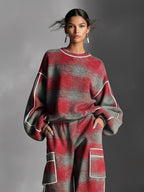 Red and Gray Plaid Brushed Distressed Color-Blocked Pantsuit Set for Women