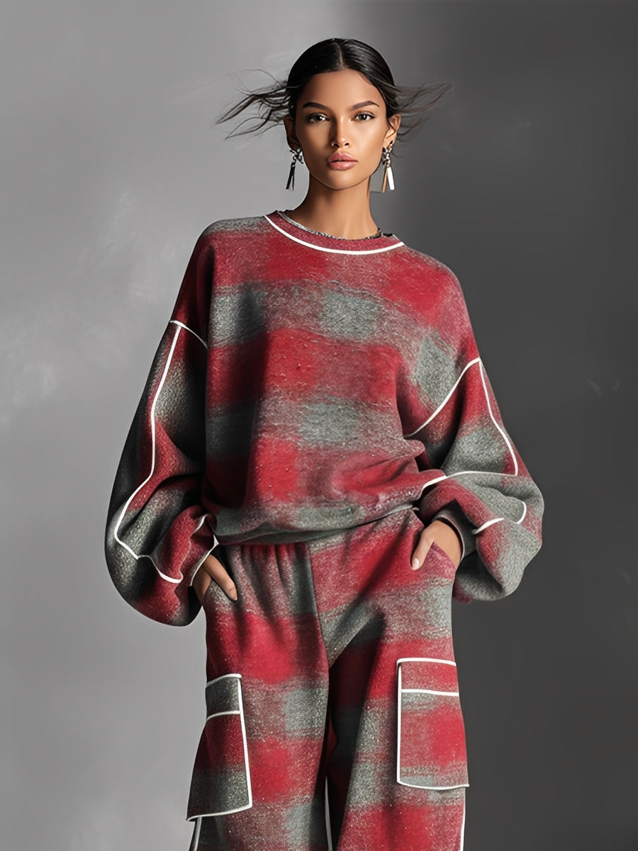 Red and Gray Plaid Brushed Distressed Color-Blocked Pantsuit Set for Women