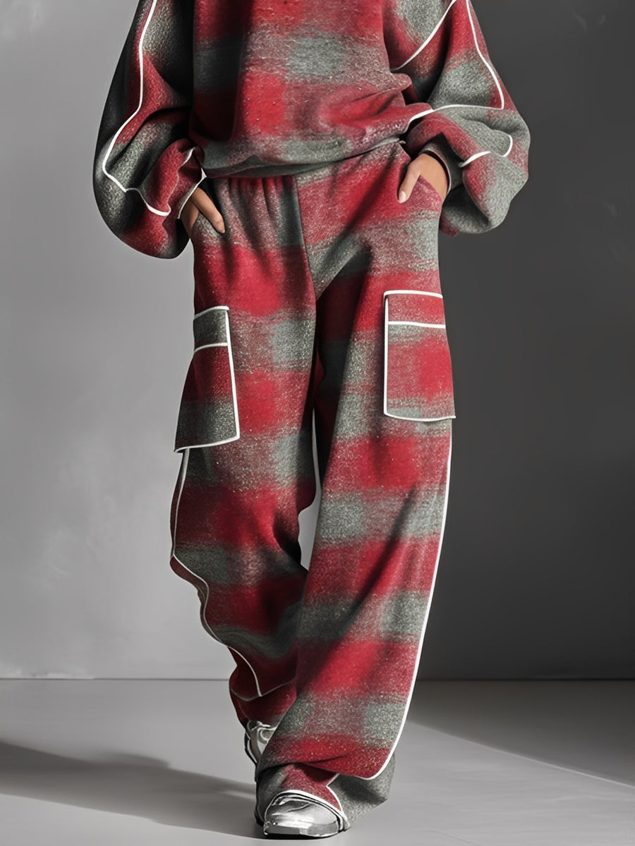Red and Gray Plaid Brushed Distressed Color-Blocked Pantsuit Set for Women