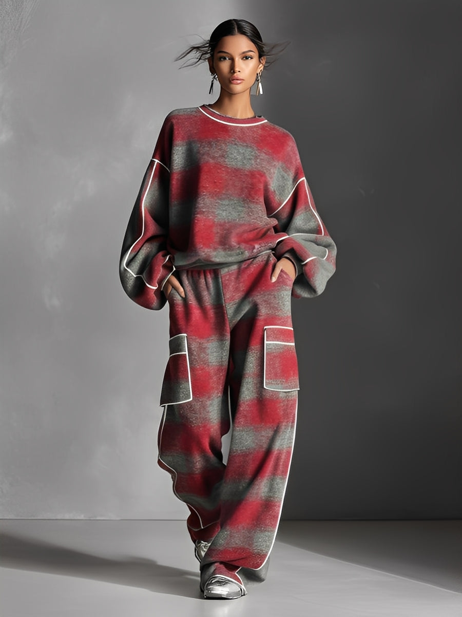 Red and Gray Plaid Brushed Distressed Color-Blocked Pantsuit Set for Women