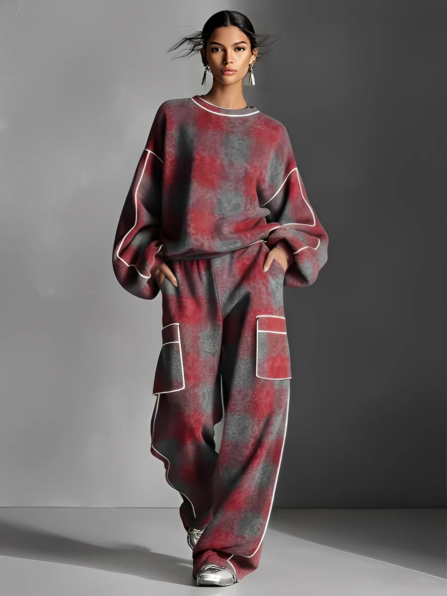 Red and Gray Plaid Brushed Distressed Color-Blocked Pantsuit Set for Women