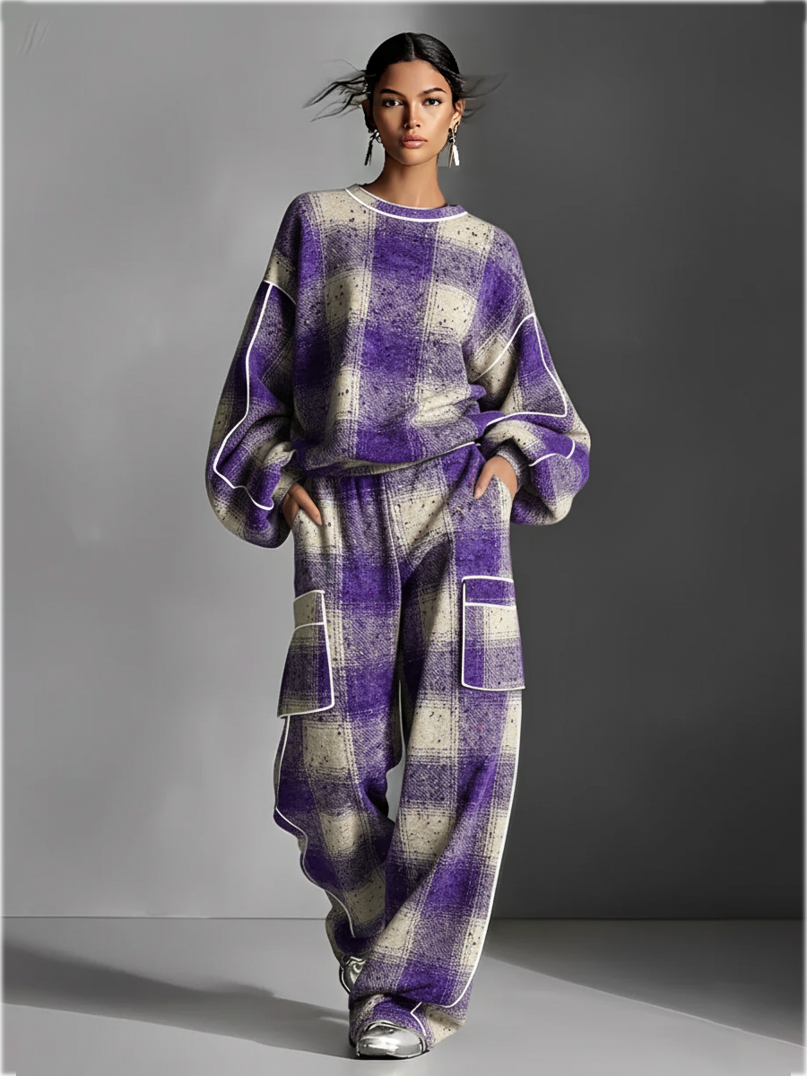 Red and Gray Plaid Brushed Distressed Color-Blocked Pantsuit Set for Women