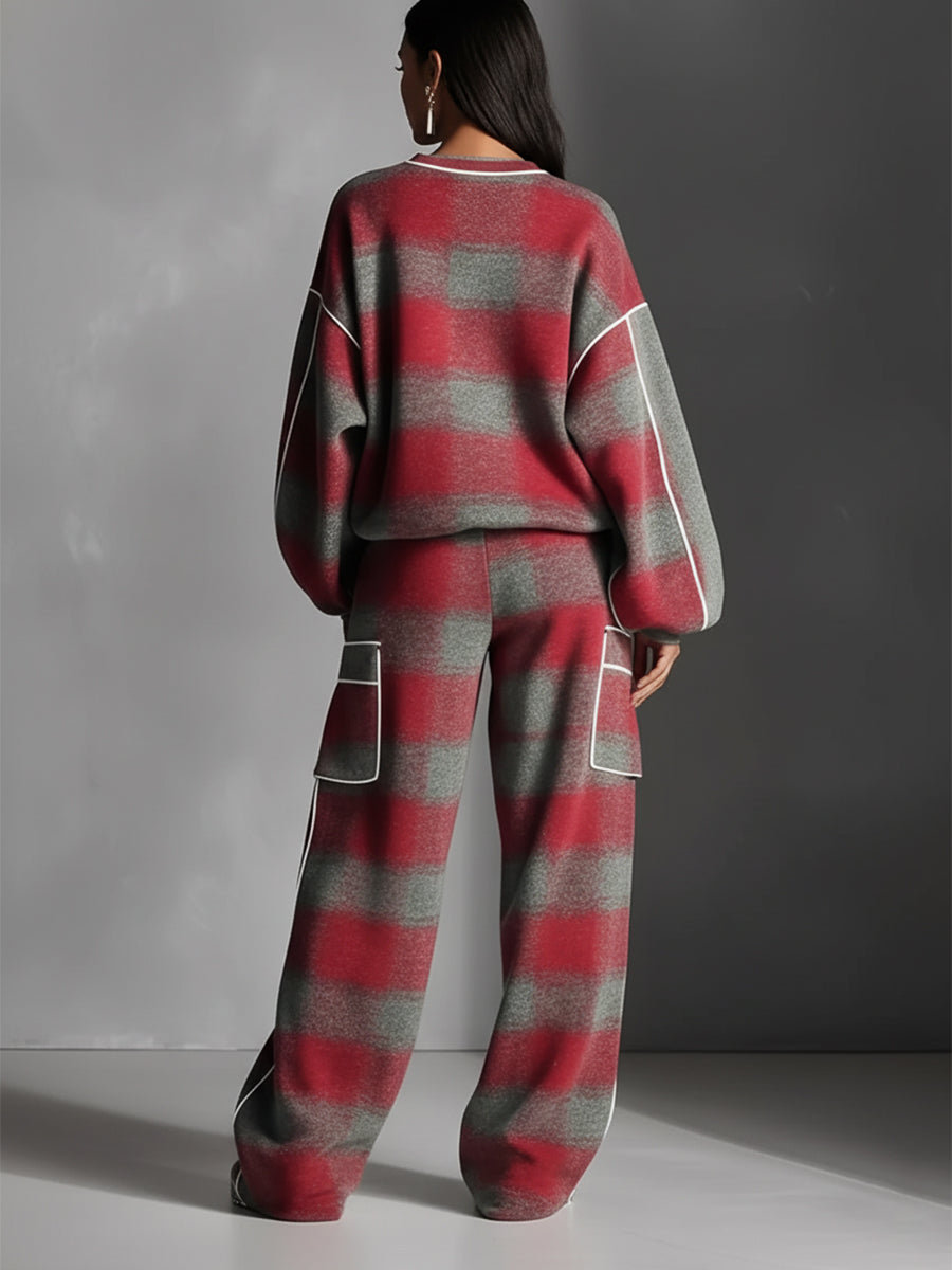 Red and Gray Plaid Brushed Distressed Color-Blocked Pantsuit Set for Women
