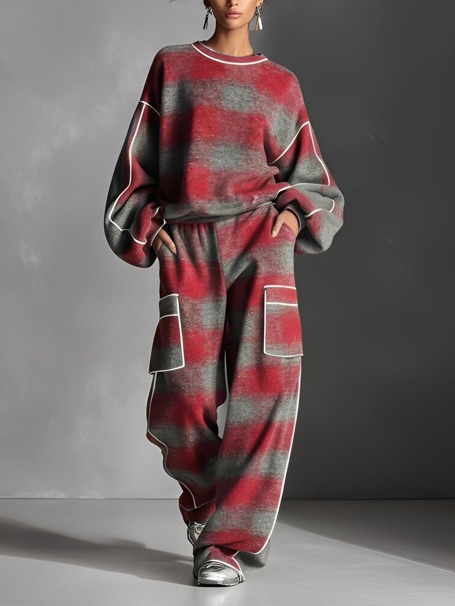 Red and Gray Plaid Brushed Distressed Color-Blocked Pantsuit Set for Women
