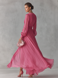 Rose Pink Chiffon V-Neck Long Dress with Tie-Waist for Women