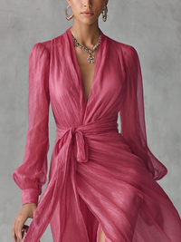 Rose Pink Chiffon V-Neck Long Dress with Tie-Waist for Women