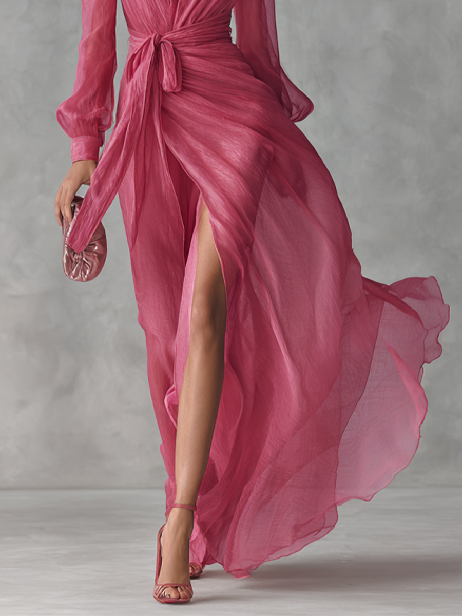 Rose Pink Chiffon V-Neck Long Dress with Tie-Waist for Women