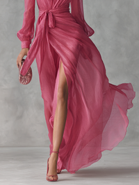 Rose Pink Chiffon V-Neck Long Dress with Tie-Waist for Women