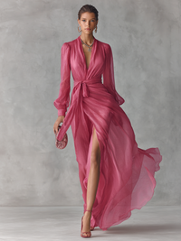 Rose Pink Chiffon V-Neck Long Dress with Tie-Waist for Women