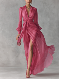 Rose Pink Chiffon V-Neck Long Dress with Tie-Waist for Women