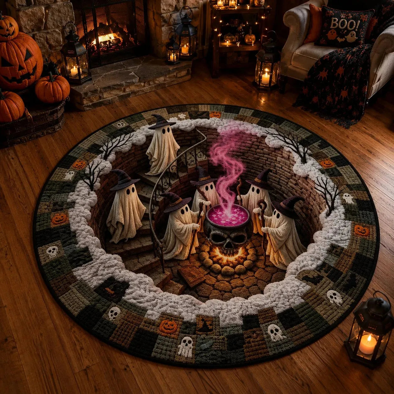 Round 3D Halloween Rug with Spooky Design – Home Decor, Halloween Party