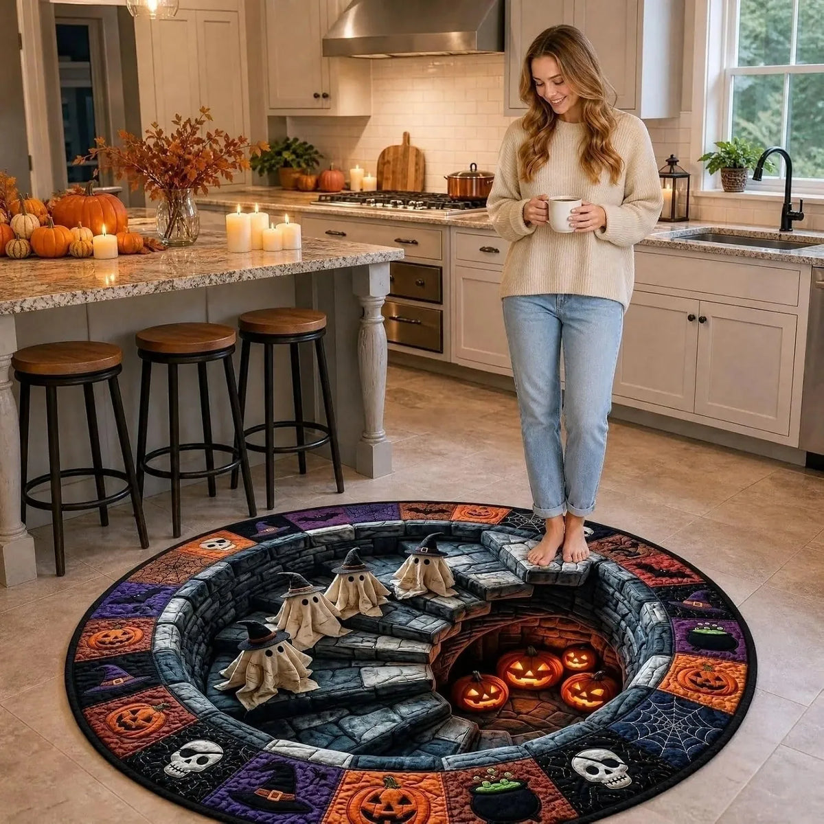 Round 3D Halloween Rug with Spooky Design – Home Decor, Halloween Party