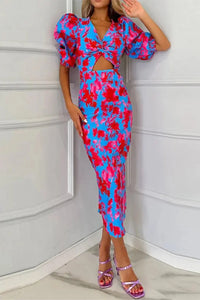 Turquoise Blue Puff Sleeve Midi Dress for Women UK – Wedding Guest Cocktail Dress & Formal Attire