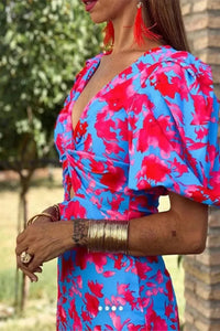 Turquoise Blue Puff Sleeve Midi Dress for Women UK – Wedding Guest Cocktail Dress & Formal Attire
