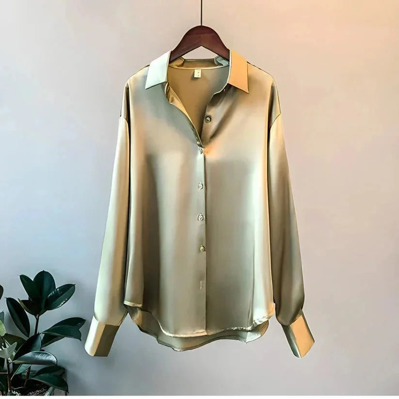 Satin Button-Up Blouse for Women UK – Long Sleeve Top, Workwear Office & Smart Casual