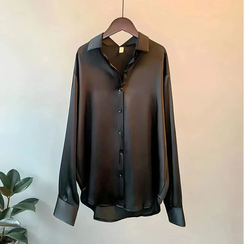 Satin Button-Up Blouse for Women UK – Long Sleeve Top, Workwear Office & Smart Casual