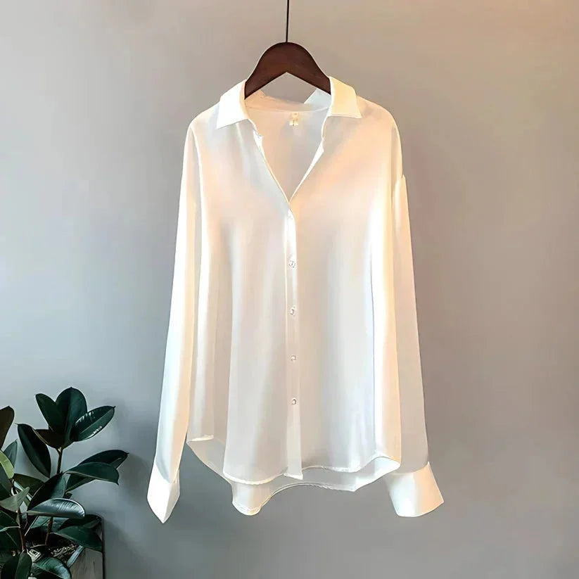Satin Button-Up Blouse for Women UK – Long Sleeve Top, Workwear Office & Smart Casual