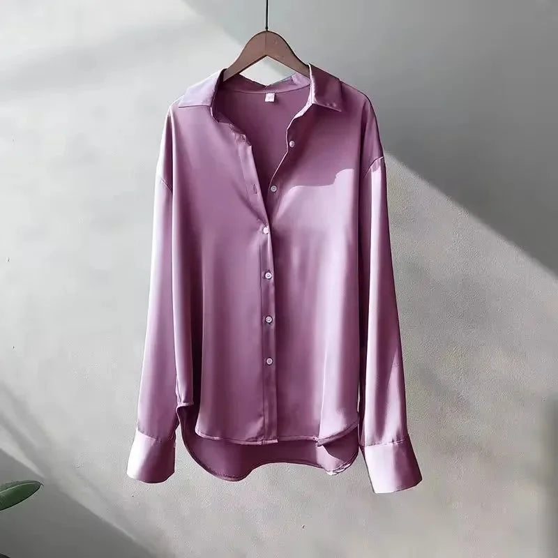 Satin Button-Up Blouse for Women UK – Long Sleeve Top, Workwear Office & Smart Casual