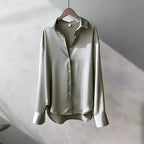 Satin Button-Up Blouse for Women UK – Long Sleeve Top, Workwear Office & Smart Casual