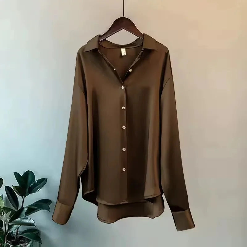 Satin Button-Up Blouse for Women UK – Long Sleeve Top, Workwear Office & Smart Casual