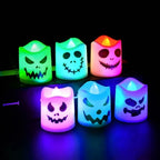 Set of 6 Battery-Operated LED Halloween Candles with Spooky Faces – Halloween Decor, Flameless Lighting