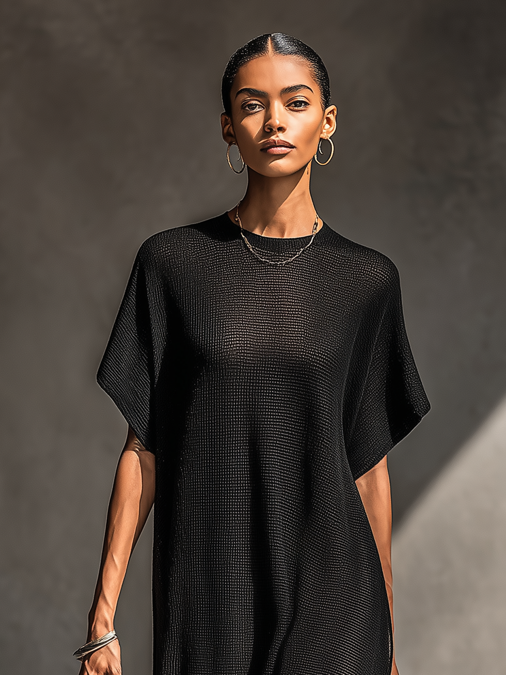 Sheer Knit Short-Sleeved Maxi Dress for Women - Minimalist Style, MDZ0911A8Y