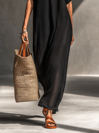 Sheer Knit Short-Sleeved Maxi Dress for Women - Minimalist Style, MDZ0911A8Y