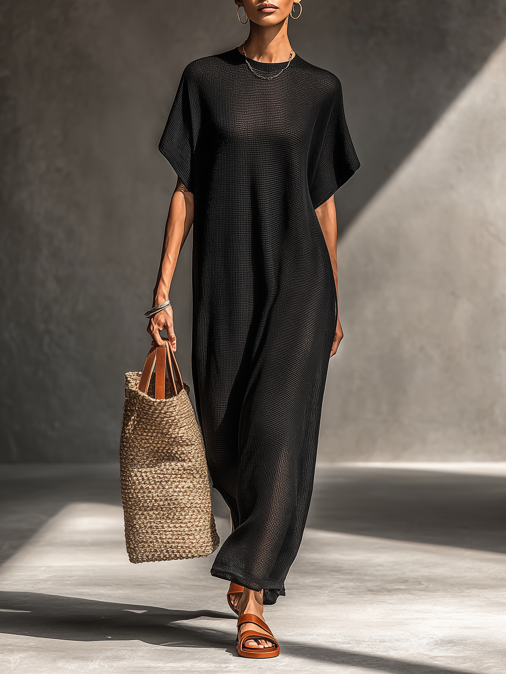 Sheer Knit Short-Sleeved Maxi Dress for Women - Minimalist Style, MDZ0911A8Y