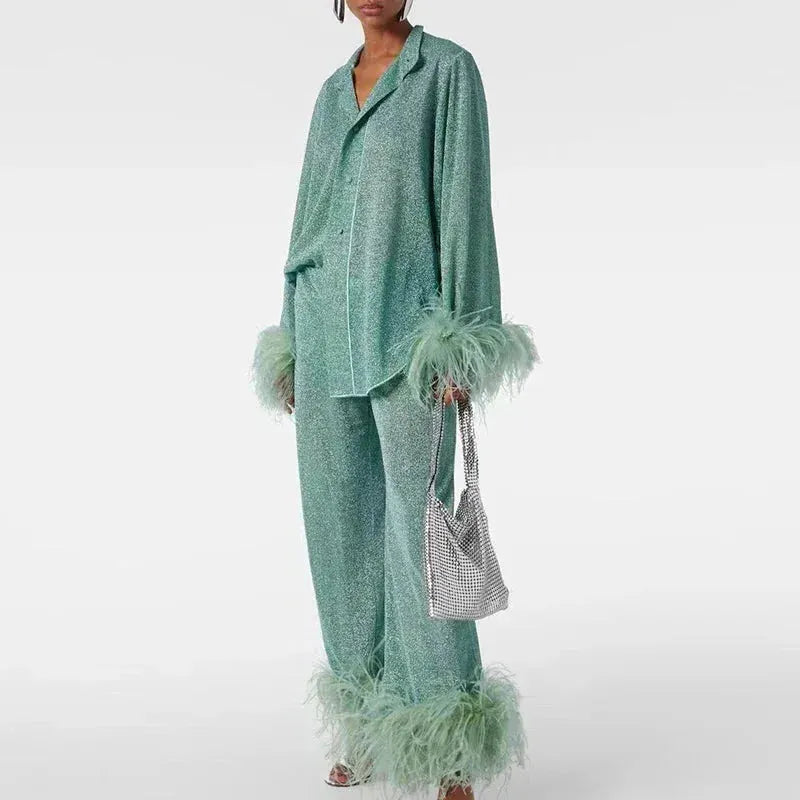 Shiny Women's Co-ord Set UK – Feathered Sleeve and Hem Two-Piece, Garden Party Brunch