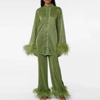 Shiny Women's Co-ord Set UK – Feathered Sleeve and Hem Two-Piece, Garden Party Brunch