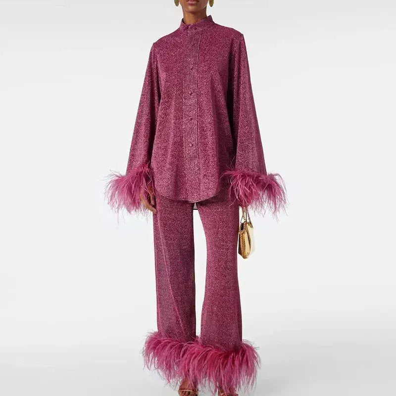 Shiny Women's Co-ord Set UK – Feathered Sleeve and Hem Two-Piece, Garden Party Brunch