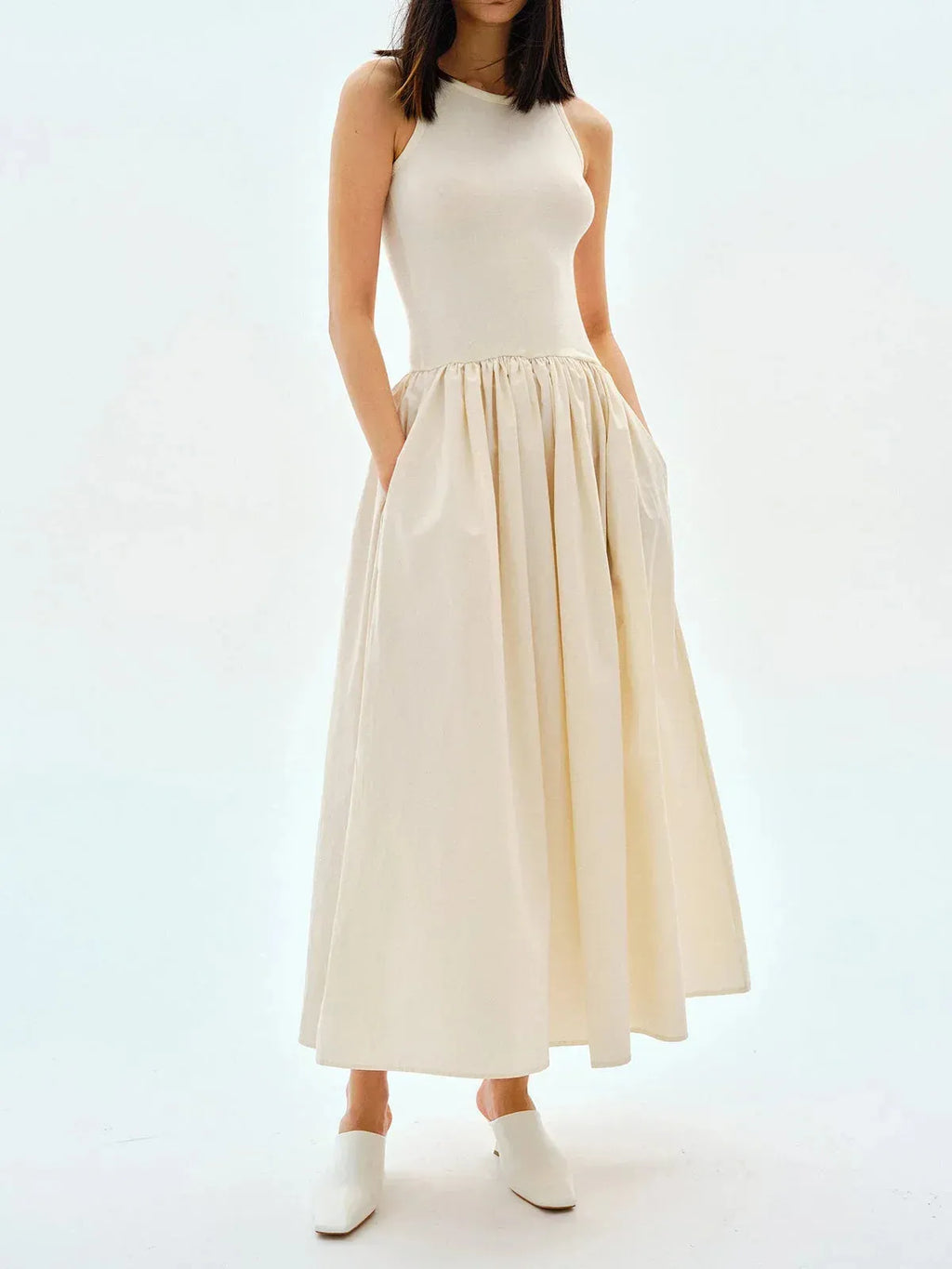 Sleeveless Midi Dress Women UK – Gathered Skirt Cocktail Wedding Guest Evening Gown