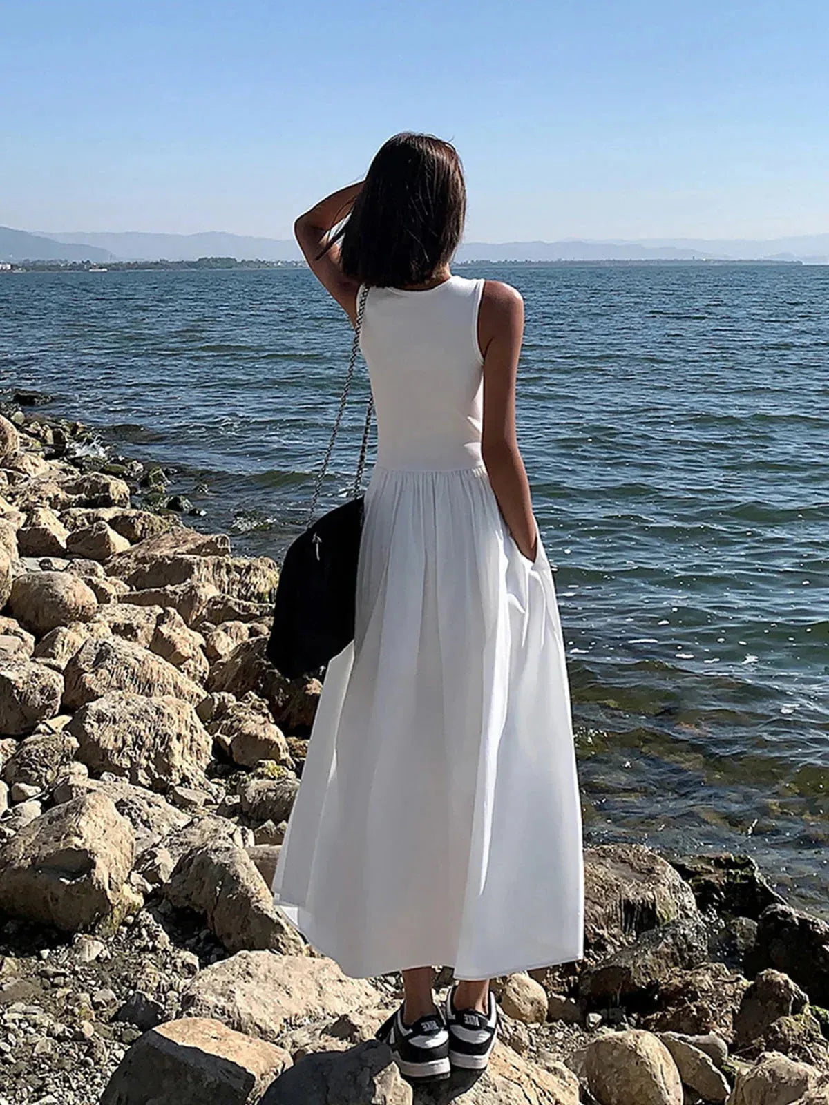 Sleeveless Midi Dress Women UK – Gathered Skirt Cocktail Wedding Guest Evening Gown