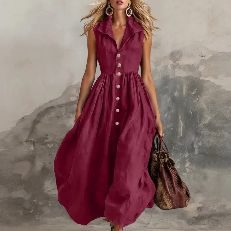 Sleeveless Pleated Maxi Dress for Women - High Waist Casual White Summer Dress