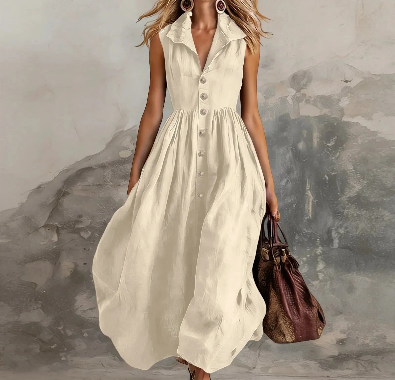 Sleeveless Pleated Maxi Dress for Women - High Waist Casual White Summer Dress